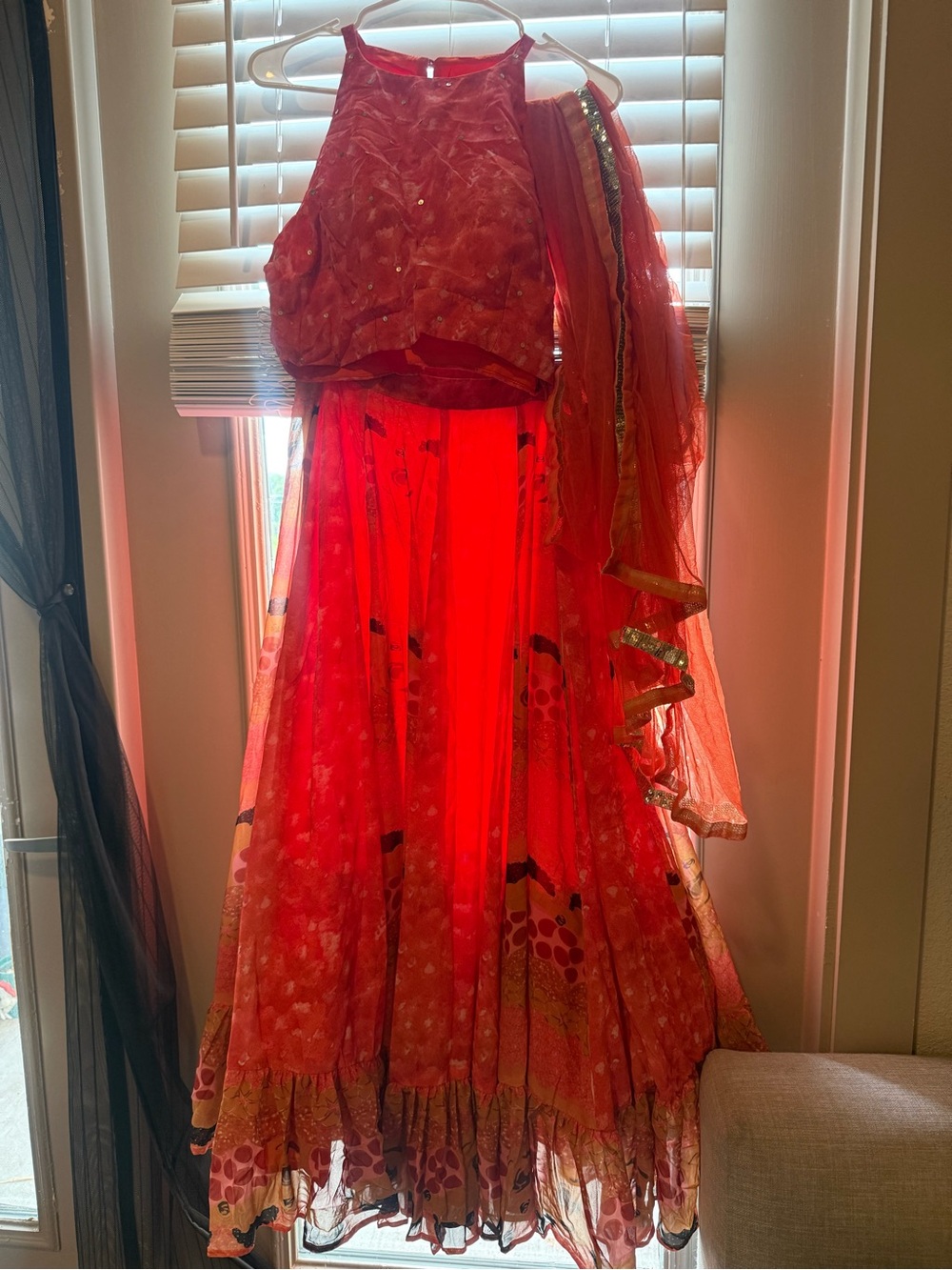 Red Floral Lehenga Maxi with Sleeveless Crop Top and Matching Dupatta